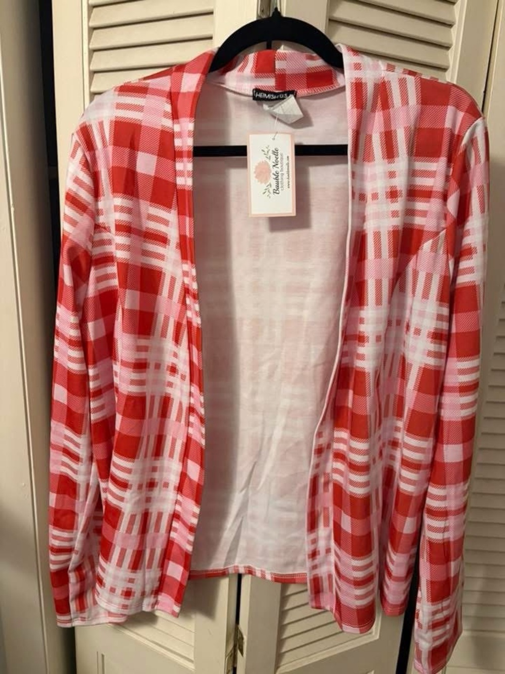 She + Sky Red and White Plaid Open Front Blazer Jacket